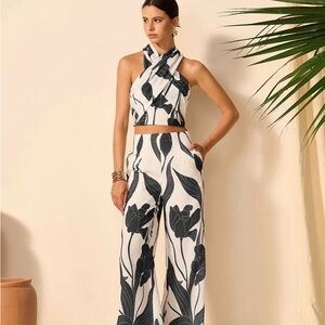 Commense Blue & White Floral Halter Top withWide-Leg Pant Set